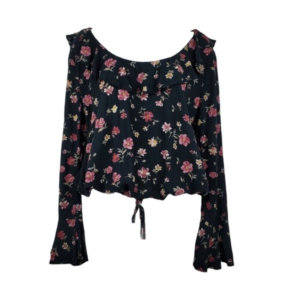 American Eagle Womens Bell Sleeve Black Pink Floral Print Ruffle Top Size S